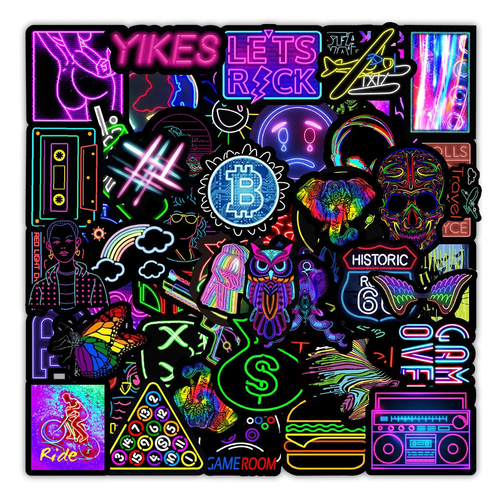 10/30/50/100 pçs dos desenhos animados luz de néon graffiti adesivos estéticos carro skate portátil telefone bicicleta brinquedo legal decalque adesivo para crianças