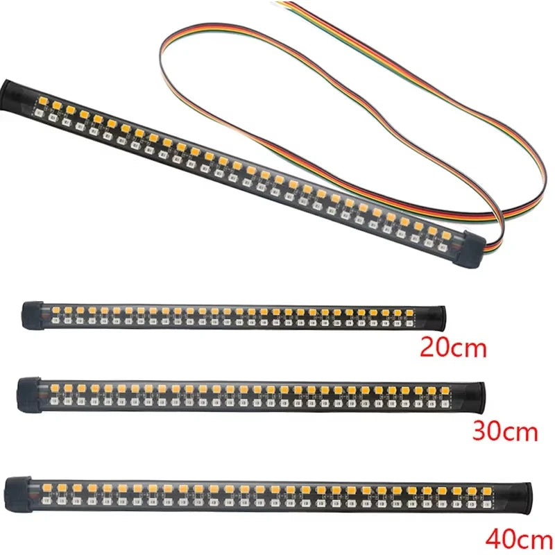 Faixa de luz traseira para motocicleta, led, amarelo, fluxo, luzes indicadoras únicas, lâmpada estroboscópica vermelha, barra de luz de aviso de freio, 12v