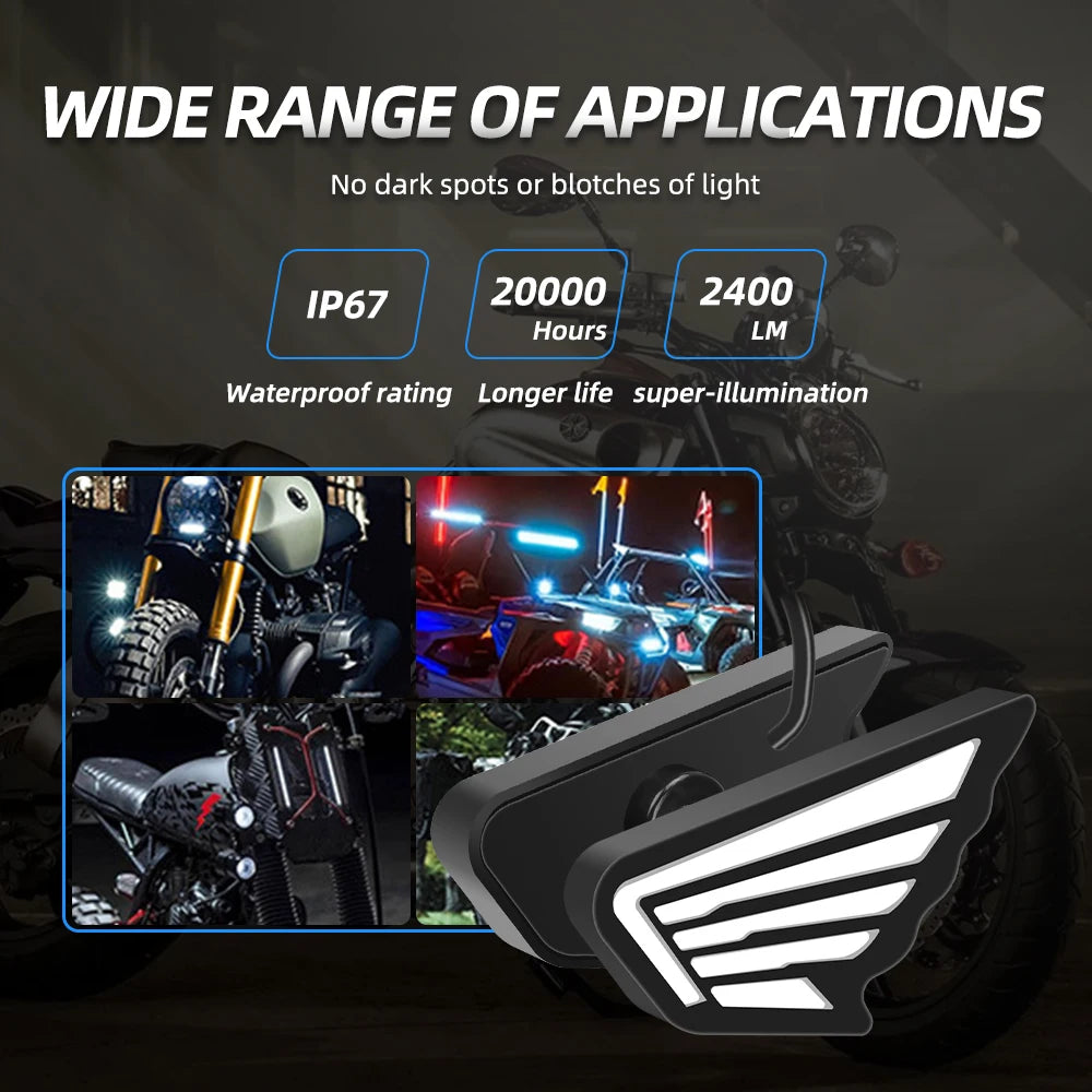 2 Peças Luzes LED para Motocicleta Estilo Asas, Pisca-Pisca Estroboscópico, Olho de Anjo, Luzes de Condução, Luz de Placa, Luz de Sinal de Parada, DRL Branco