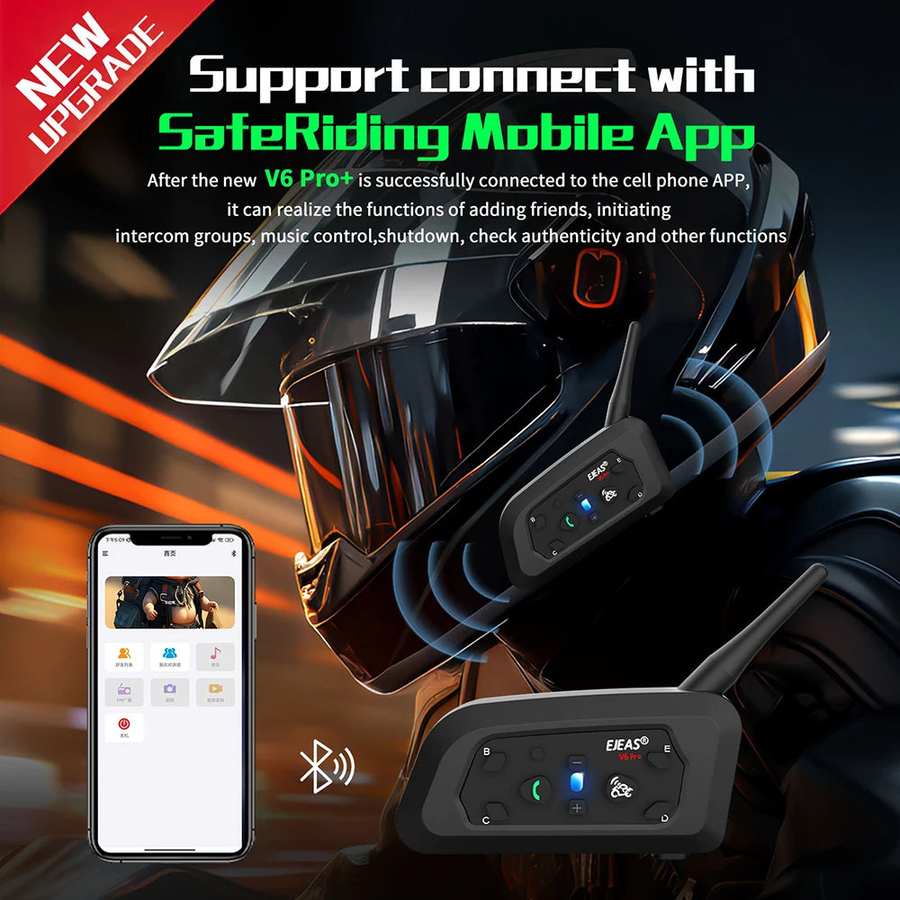 EJEAS V6 PRO +/PLUS Capacete de motocicleta Bluetooth Walkie Talkie 6 Rider Distância 800 metros à prova d'água IP67