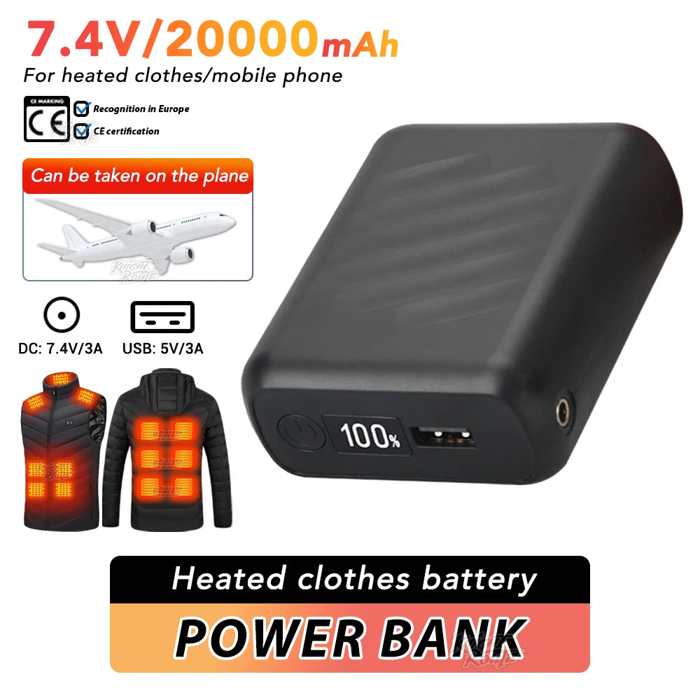 7.4v/3a/20000mah power bank carregador portátil powerbank bateria externa do telefone móvel carregamento rápido para colete aquecido jaqueta calças