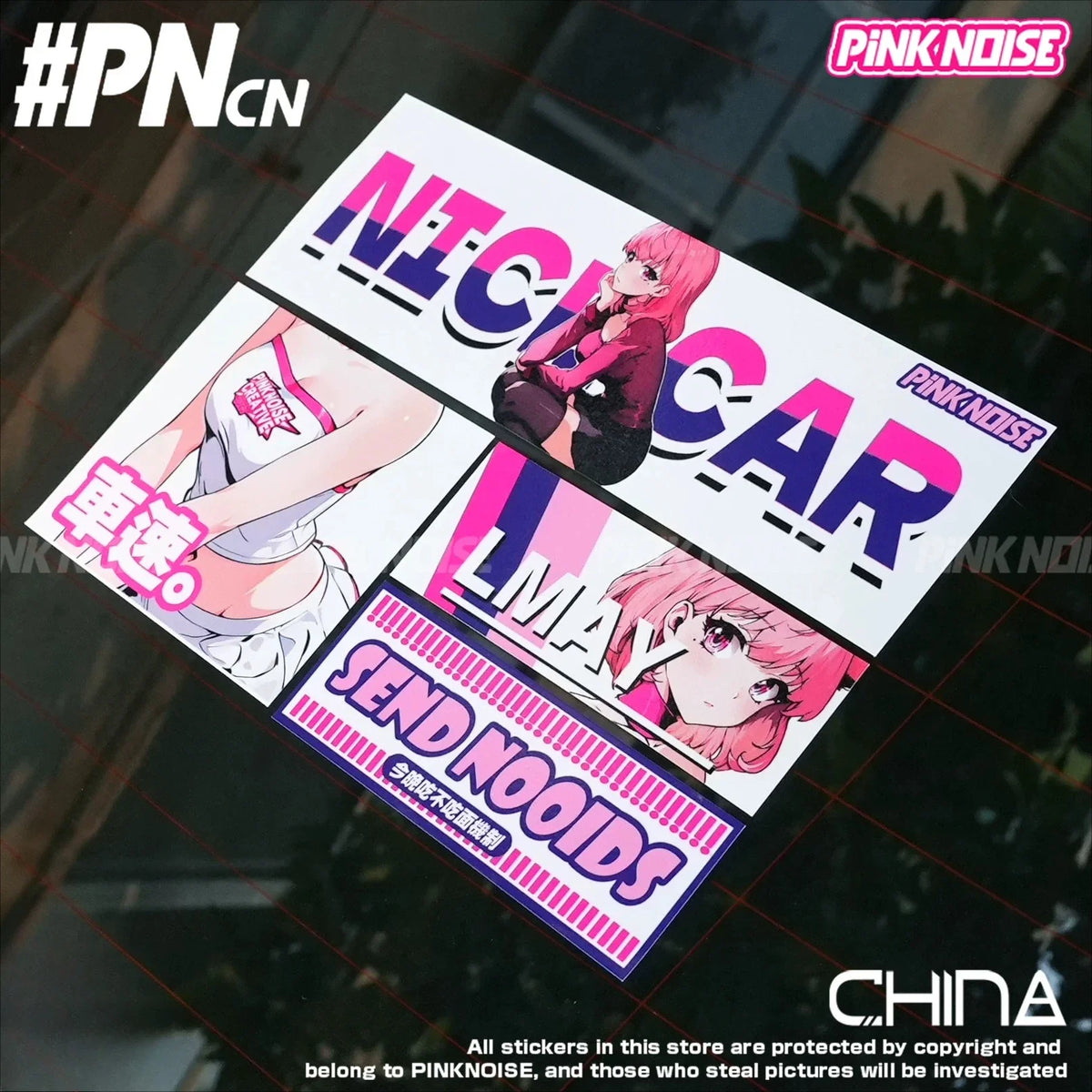 Adesivo de Vinil PVC à Prova d'Água com Tema de Anime e Carro, Estilo JDM, Personagem, Decoração para Janela de Carro, Motocicleta e E-Bike, Ruído Rosa