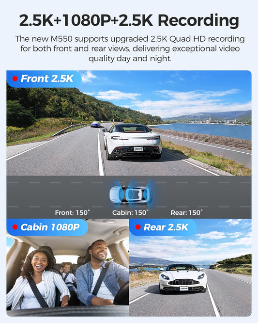 AZDOME M550 3 Channel Dash Cam 2.5K+1080P+2.5K WDR Car Dash Camera 3.19" IPS Screen Car DVR Built-in WiFi GPS IR Night Vision