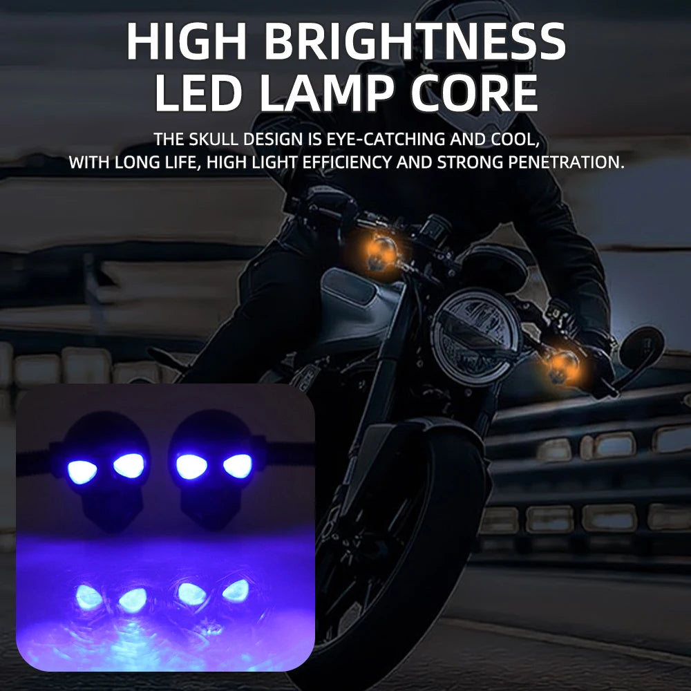 2 Peças Mini Luzes de Seta LED para Moto em Formato de Caveira, Indicadores DRL Dianteiros e Traseiros, Pisca-Pisca para Honda Yamaha