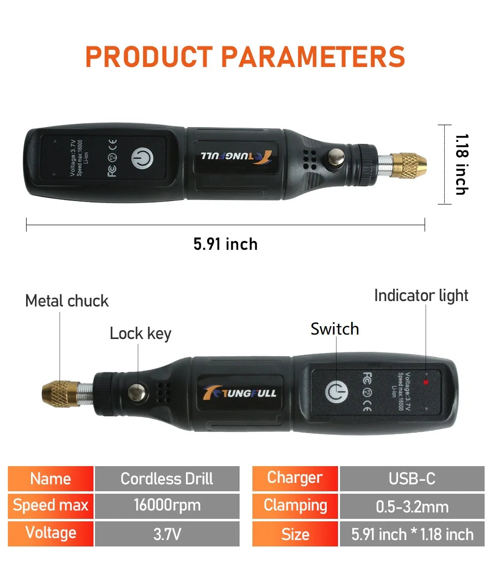 Ferramenta rotativa mini sem fio, furadeira elétrica, caneta de gravação recarregável por USB, para uso manual, polimento, perfuração, entalhe e trabalhos de bricolagem.