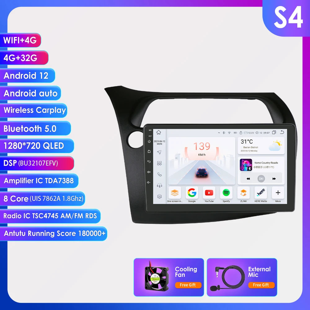 Hizpo Car Autoradio For Honda Civic Hatchback 2005 - 2011 Multimedia Player 2din Android Auto Carplay GPS Navigation 8+128G DSP