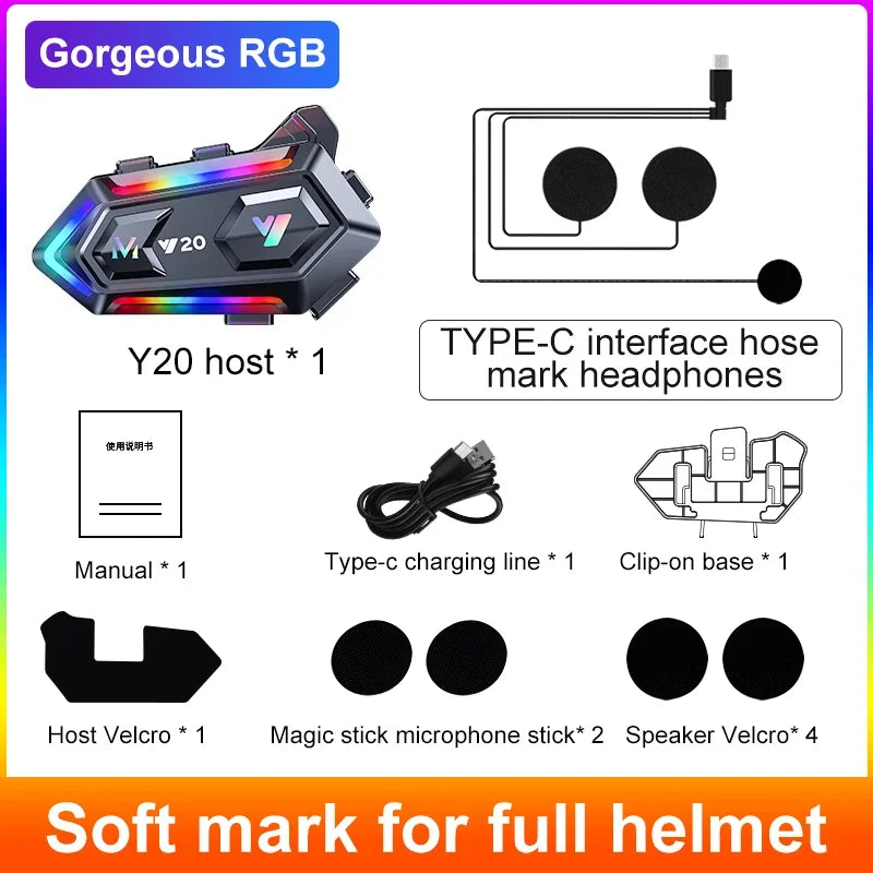 Fone de Ouvido para Capacete de Motocicleta Y20 BT5.3 Sem Fio 400mAh com Redução de Ruído, À Prova D'água, Chamada Mãos-Livres e Luz RGB