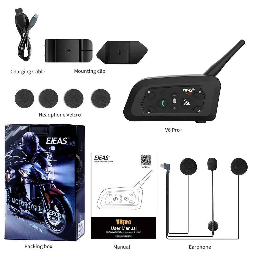EJEAS V6 PRO +/PLUS Capacete de motocicleta Bluetooth Walkie Talkie 6 Rider Distância 800 metros à prova d'água IP67