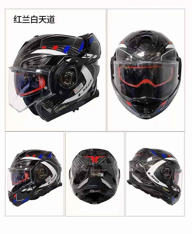 Capacete LS2 FF901 FF906 de fibra de carbono, abatível, com lente dupla, universal para motociclistas, homens e mulheres, para uso em motos durante todas as estações.