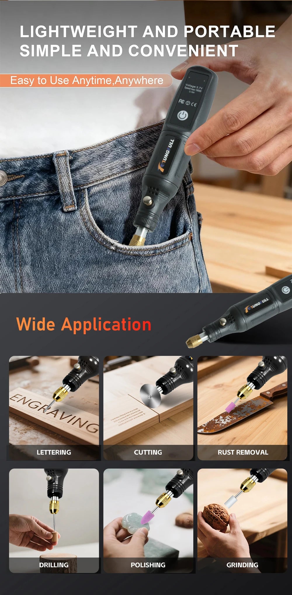 Ferramenta rotativa mini sem fio, furadeira elétrica, caneta de gravação recarregável por USB, para uso manual, polimento, perfuração, entalhe e trabalhos de bricolagem.