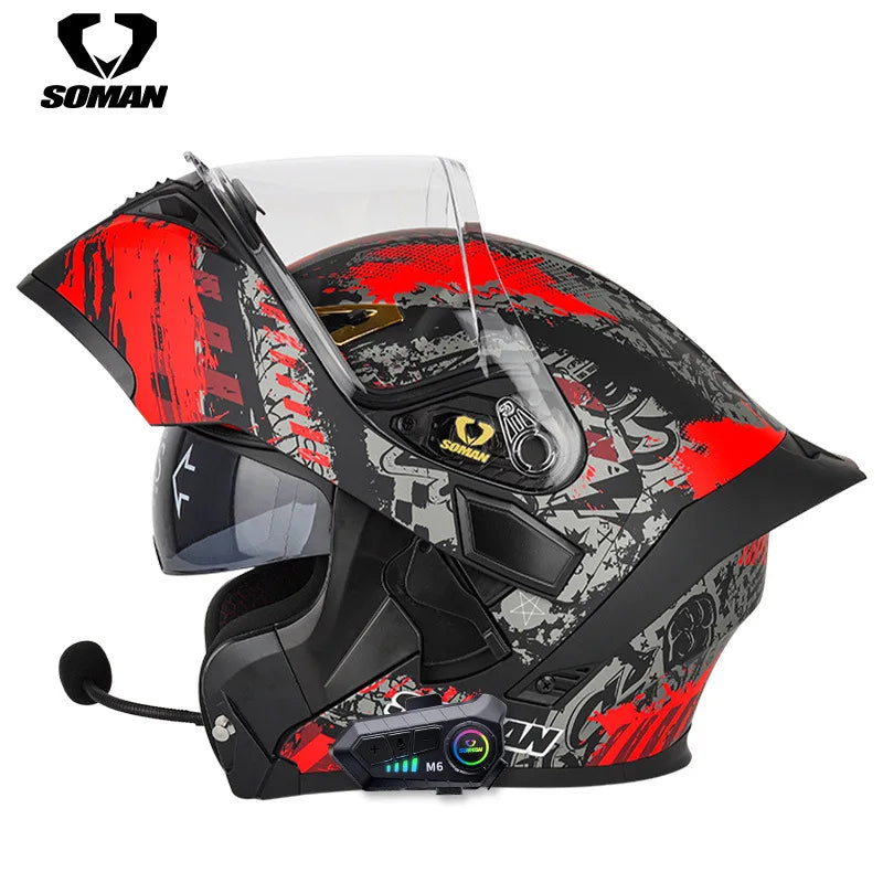 Soman flip up capacete da motocicleta rosto cheio dot capacete da motocicleta lente de viseira dupla corrida casco moto capacete bluetooth