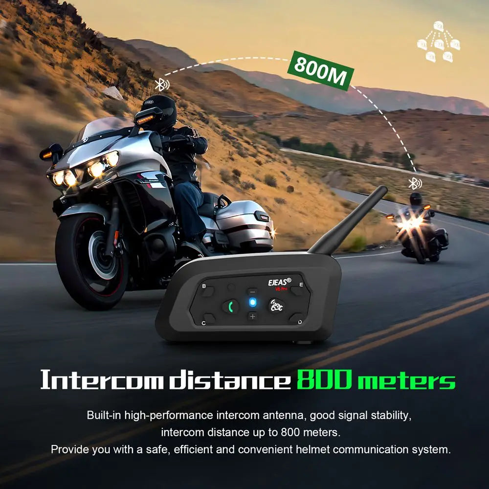 EJEAS V6 PRO +/PLUS Capacete de motocicleta Bluetooth Walkie Talkie 6 Rider Distância 800 metros à prova d'água IP67