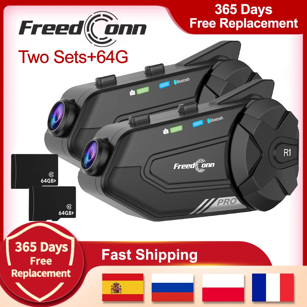 Motocicleta interfone capacete fone de ouvido bluetooth grupo alto-falante fone wi fi app freedconn r1pro moto traço cam moto auto dvr