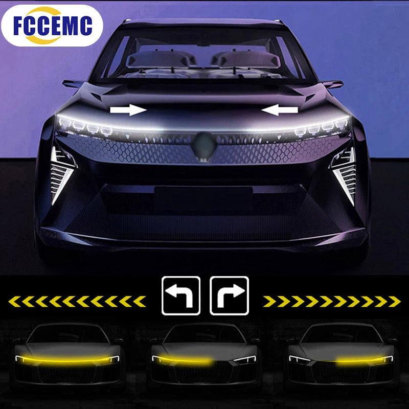 Luz led para capô de carro com sinal de seta, digitalização amarela, partida drl, luzes diurnas dinâmicas, lâmpada decorativa automática, 12v
