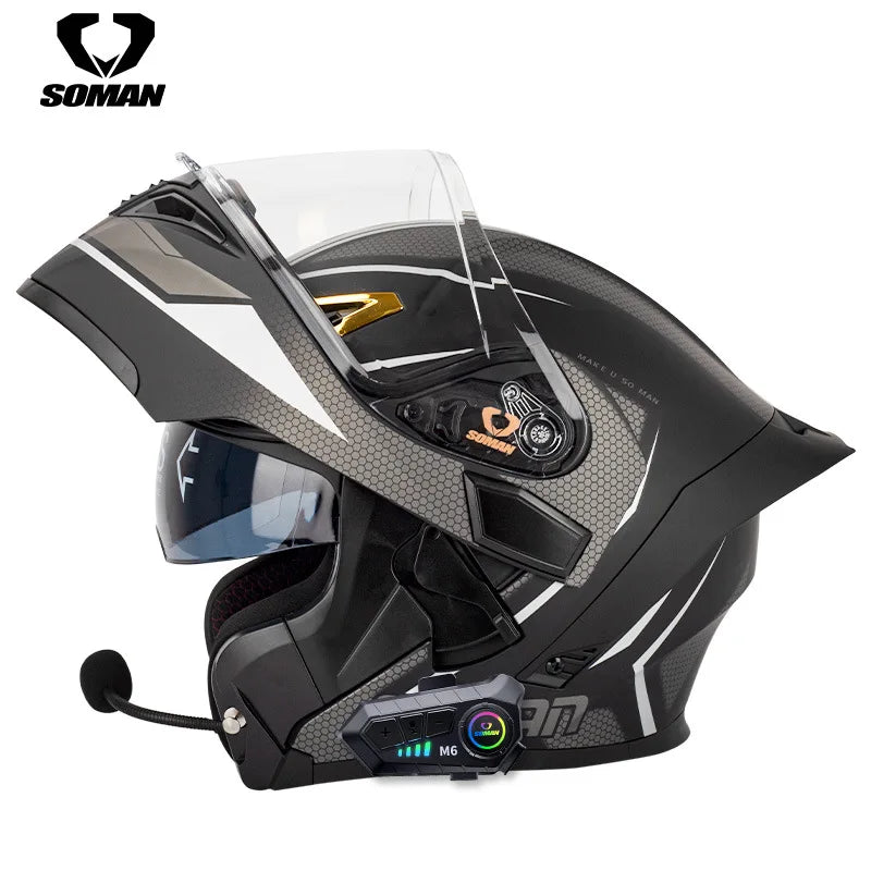 Soman flip up capacete da motocicleta rosto cheio dot capacete da motocicleta lente de viseira dupla corrida casco moto capacete bluetooth