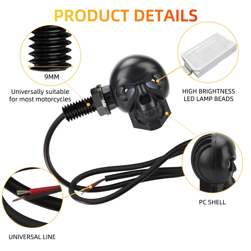 2 Peças Mini Luzes de Seta LED para Moto em Formato de Caveira, Indicadores DRL Dianteiros e Traseiros, Pisca-Pisca para Honda Yamaha