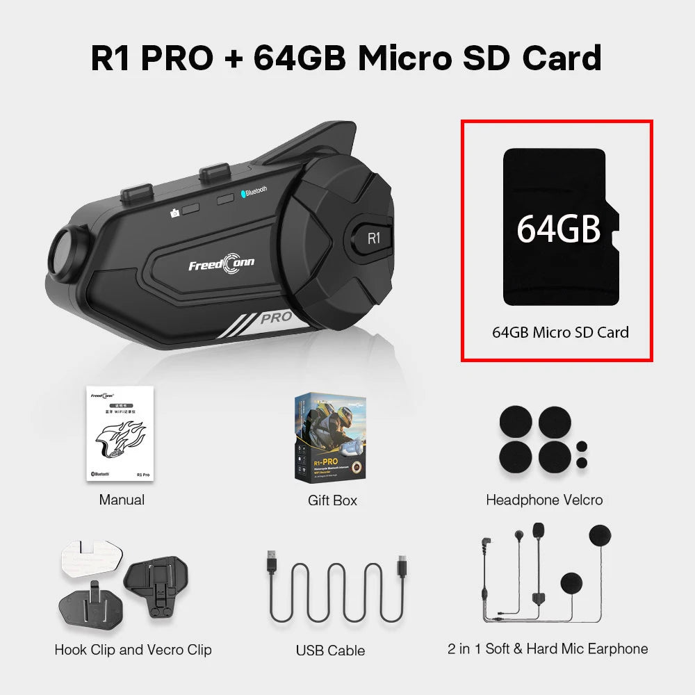 Motocicleta interfone capacete fone de ouvido bluetooth grupo alto-falante fone wi fi app freedconn r1pro moto traço cam moto auto dvr