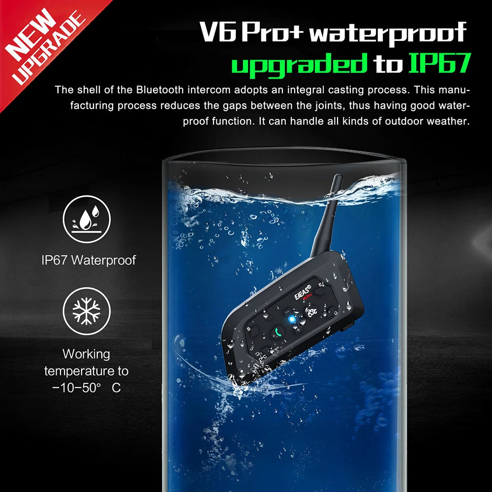 EJEAS V6 PRO +/PLUS Capacete de motocicleta Bluetooth Walkie Talkie 6 Rider Distância 800 metros à prova d'água IP67