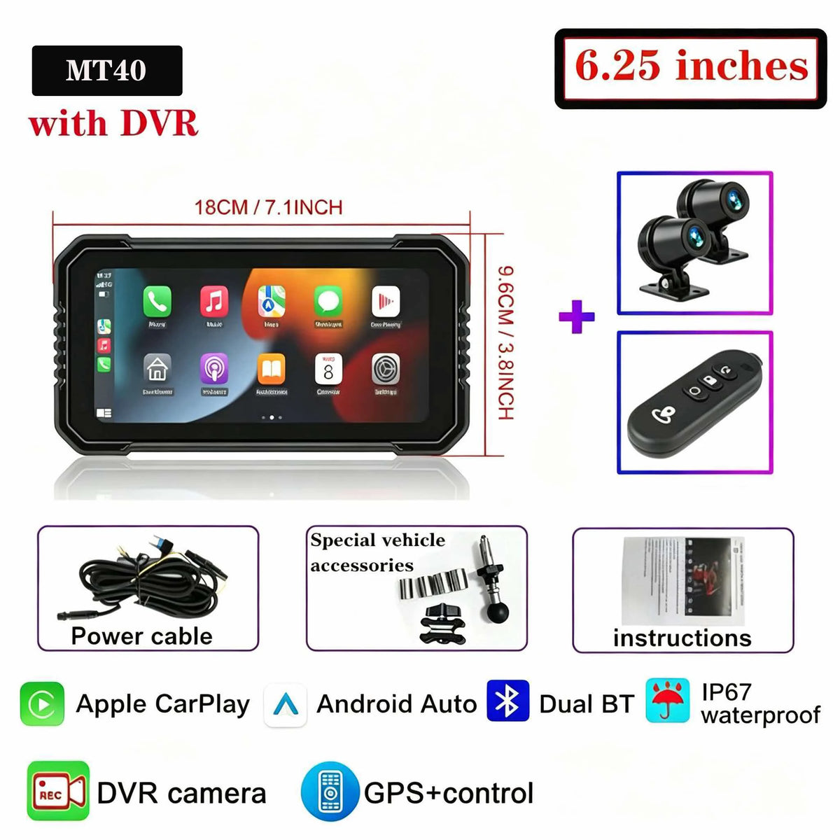 Navegação para Motocicleta à Prova d'Água IP67 de 6.25" para Triumph Daytona 660, Gravador de Vídeo 4K, Carplay Sem Fio, Android Auto, Monitor para Moto