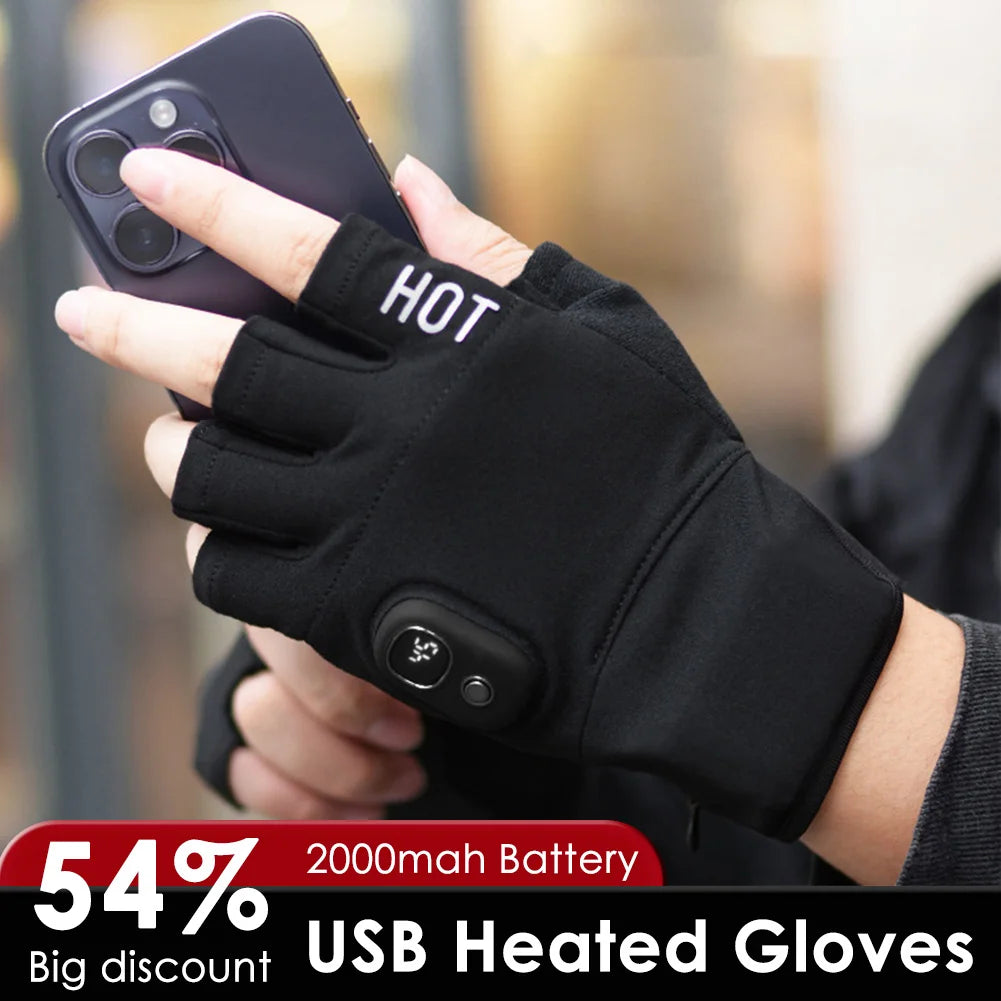 Luvas elétricas aquecidas usb, bateria recarregável de 2000mah, configurações de 3 temperaturas, luvas sem dedos, aquecedores de mãos inteligentes sem fio