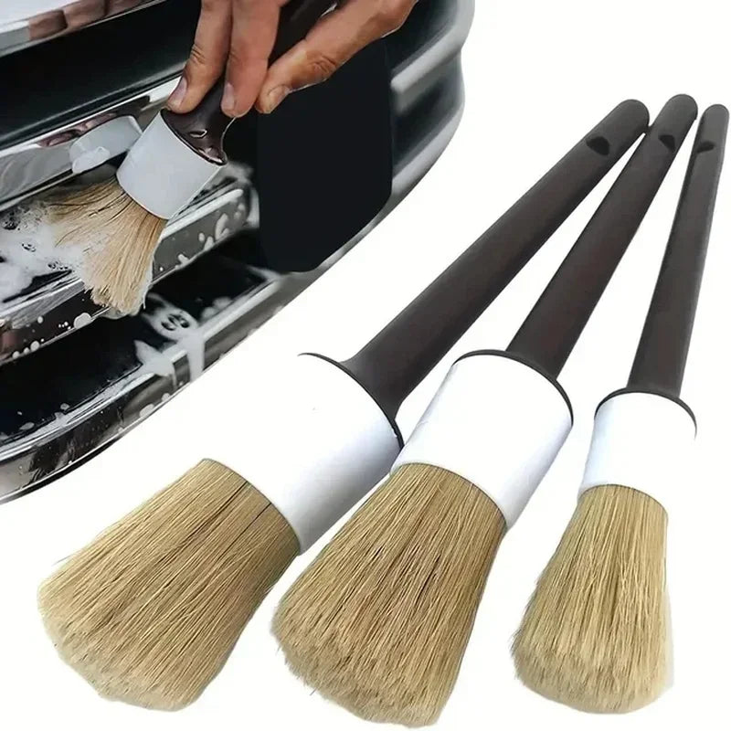 3 pçs exterior do carro detalhe interior escova de cerdas de cabelo de javali para limpeza do carro ferramentas detalhe automático escova de limpeza do painel