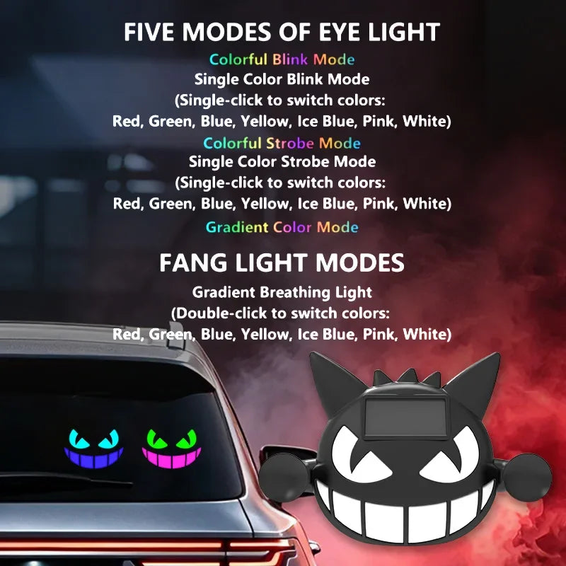 Luz de decoração para carro com LED em formato de diabo, alimentada por energia solar, luz de aviso automática sem fio, para janela traseira, triângulo de janela, lâmpada de atmosfera modificada