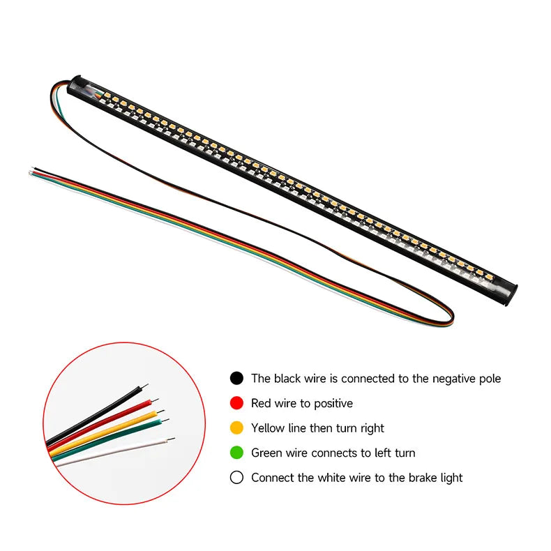 Faixa de luz traseira para motocicleta, led, amarelo, fluxo, luzes indicadoras únicas, lâmpada estroboscópica vermelha, barra de luz de aviso de freio, 12v