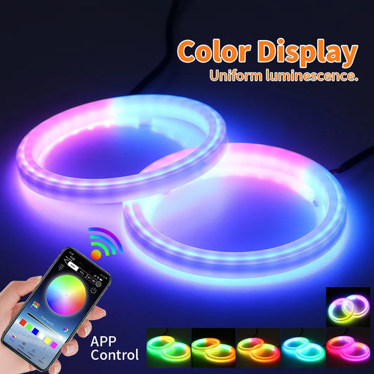 2PCS RGB Angel Eyes Halo Rings Lights with Turn Signal Lights APP Bluetooth LED Motorcycle Retrofit DRL Car Headlight 12V 24V