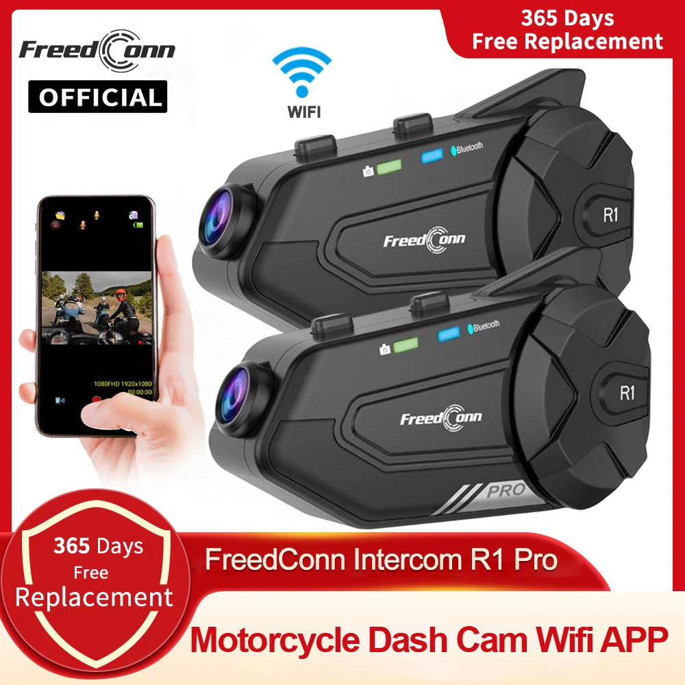 Motocicleta interfone capacete fone de ouvido bluetooth grupo alto-falante fone wi fi app freedconn r1pro moto traço cam moto auto dvr