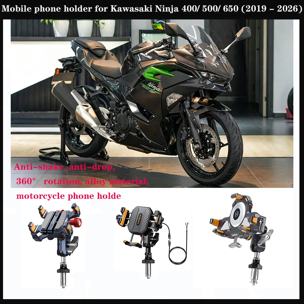Suporte para celular para Kawasaki Ninja 400/500/650 2019–2026 em alumínio com absorção de choque 360 ° Suporte de Navegação Metálico Ajustável