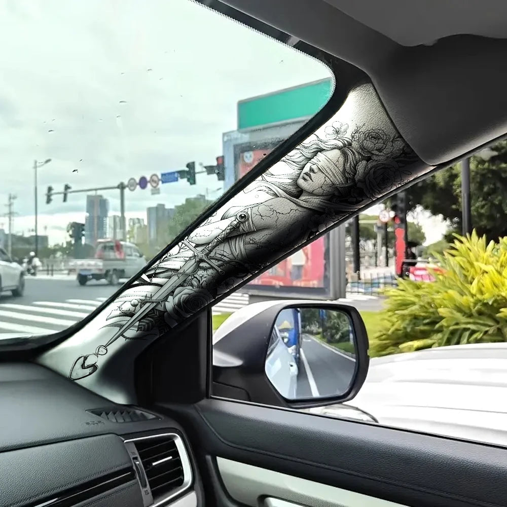 Conjunto de Adesivos para Interior de Carro em Duas Peças, Padrão Deusa Libra, Tecido Elástico, Autoadesivo, para Decorar os Pilares A do Carro.