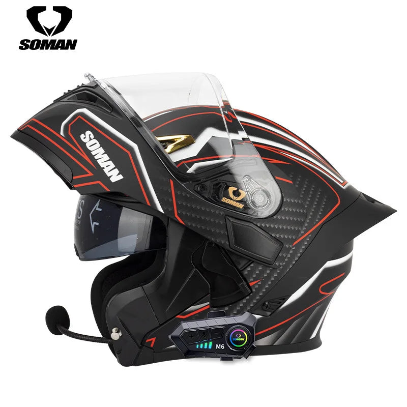 Soman flip up capacete da motocicleta rosto cheio dot capacete da motocicleta lente de viseira dupla corrida casco moto capacete bluetooth