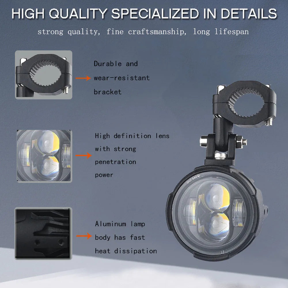 Par 100w farol da motocicleta luzes de nevoeiro led auxiliar luz condução farol dupla cor pisca farol moto nevoeiro lâmpada.