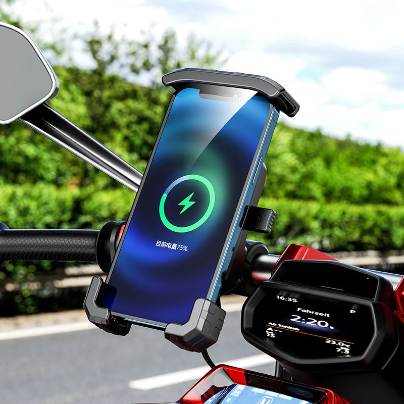 Motorcycle Phone Holder 15W Wireless Charger QC3.0 USB Charging Mount Stand Handlebar Smartphone Bracket Bike Cellphone Support