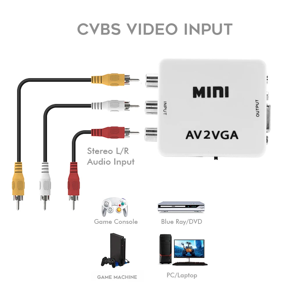 1080P Mini AV RCA CVBS to VGA Video Converter with 3.5mm Audio Supports PAL NTS Video Adapter for TV Set-Top Box Monitor PC