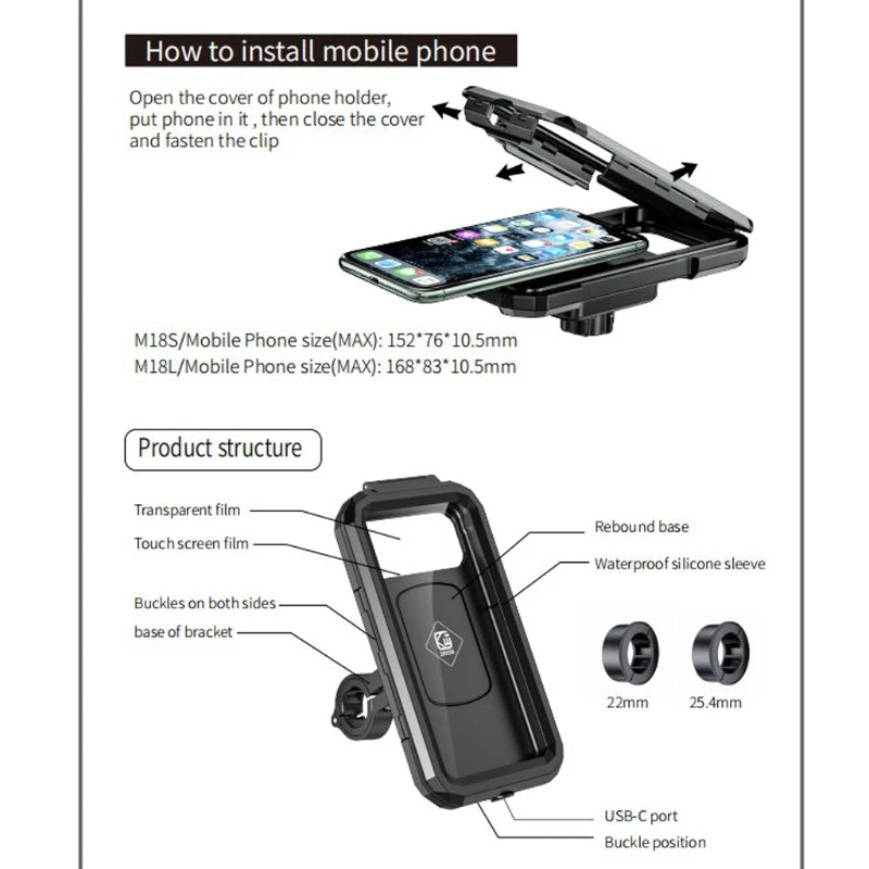 Waterproof Phone Case para bicicleta e motocicleta, celular Mount Bag, moto, scooter, suporte do telefone, guidão, espelho retrovisor, 3 a 8"