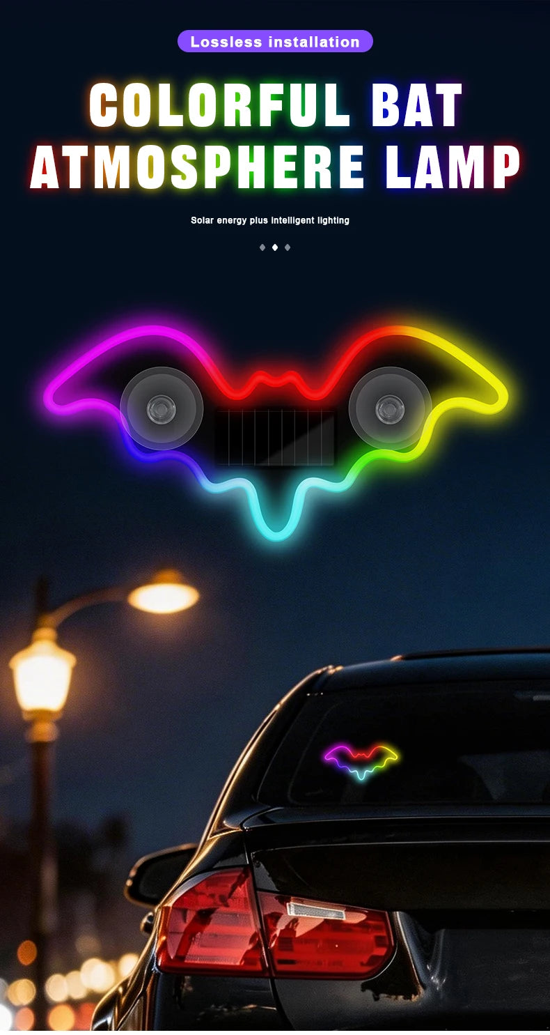 Luz Atmosférica Solar Universal em Forma de Morcego, LED Dinâmico com Gradiente, Acessório de Decoração para Interior de Carro RGB