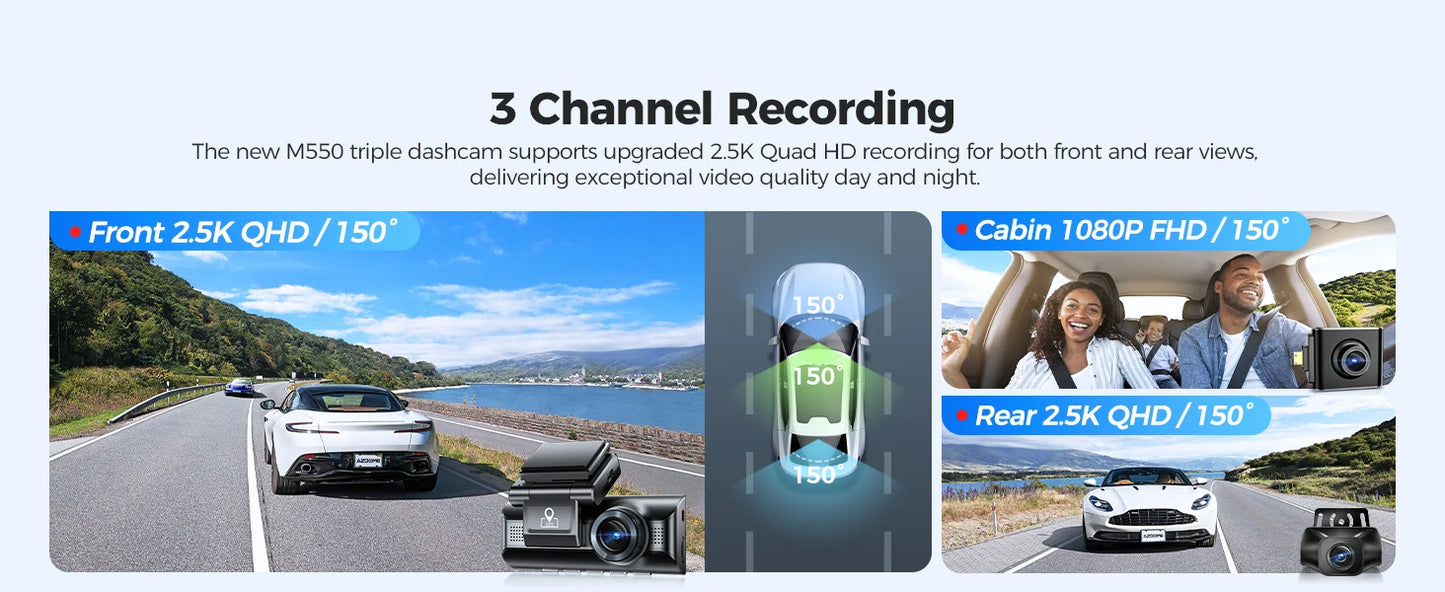AZDOME M550 3 Channel Dash Cam 2.5K+1080P+2.5K WDR Car Dash Camera 3.19" IPS Screen Car DVR Built-in WiFi GPS IR Night Vision