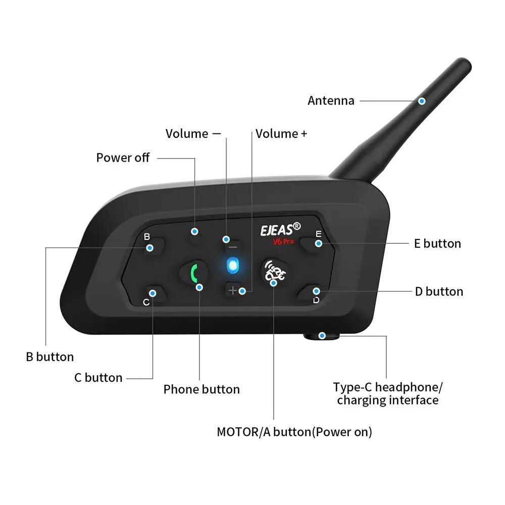 EJEAS V6 PRO +/PLUS Capacete de motocicleta Bluetooth Walkie Talkie 6 Rider Distância 800 metros à prova d'água IP67