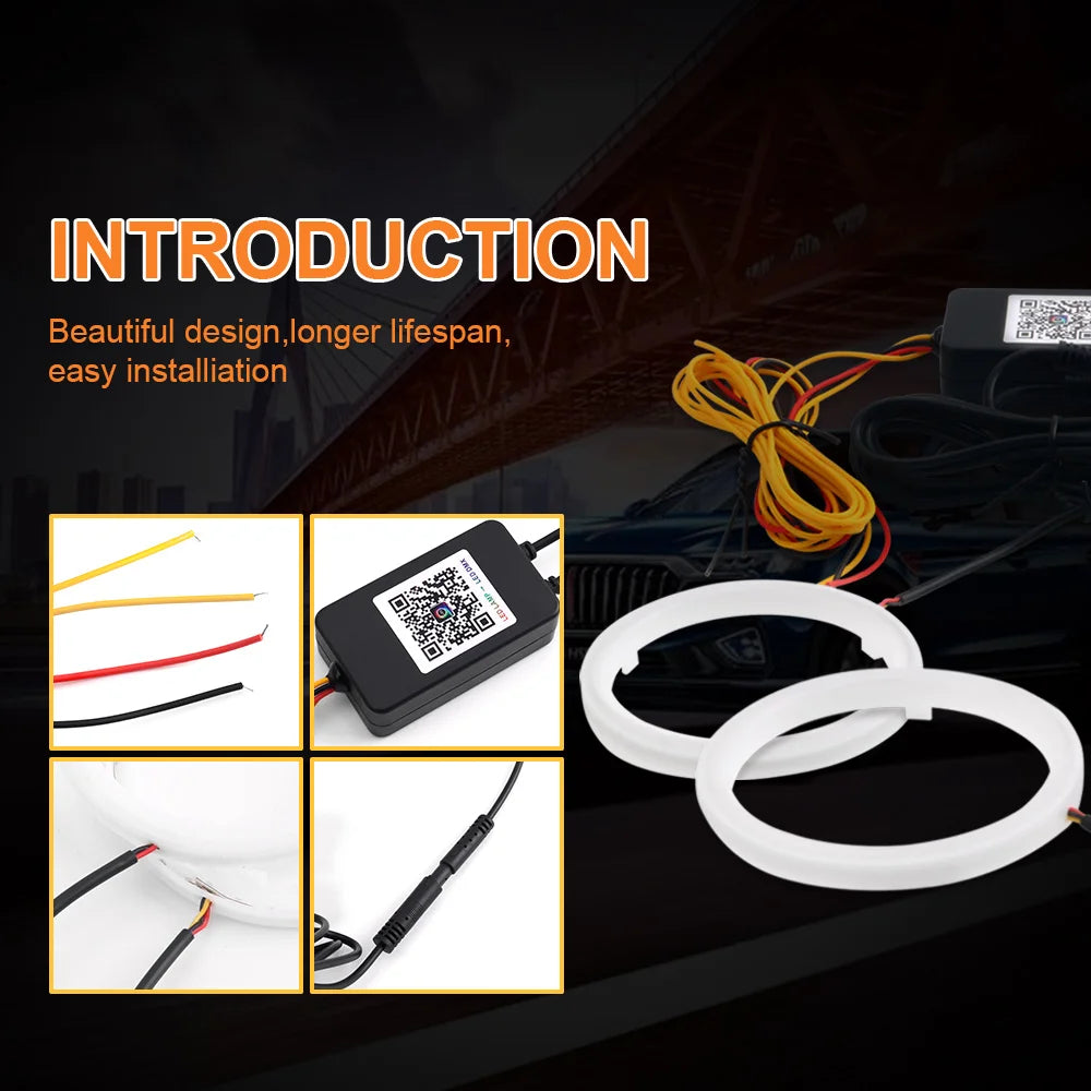 2PCS RGB Angel Eyes Halo Rings Lights with Turn Signal Lights APP Bluetooth LED Motorcycle Retrofit DRL Car Headlight 12V 24V