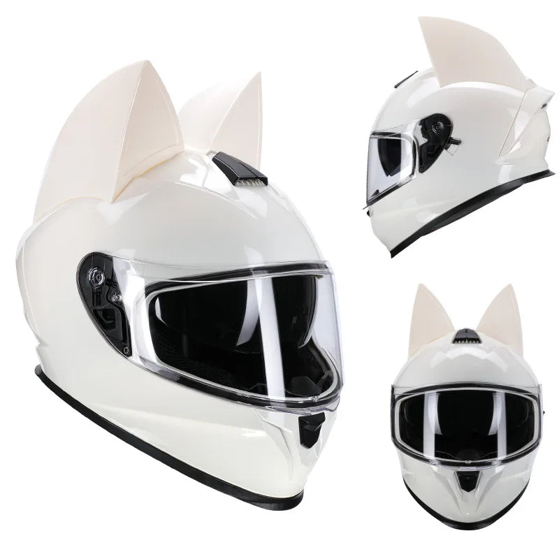 Dot capacete da motocicleta motocross segurança rosto cheio capacete branco rosa gato orelha capacete feminino motocicleta capacetes cascos para moto