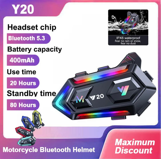 Fone de Ouvido para Capacete de Motocicleta Y20 BT5.3 Sem Fio 400mAh com Redução de Ruído, À Prova D'água, Chamada Mãos-Livres e Luz RGB