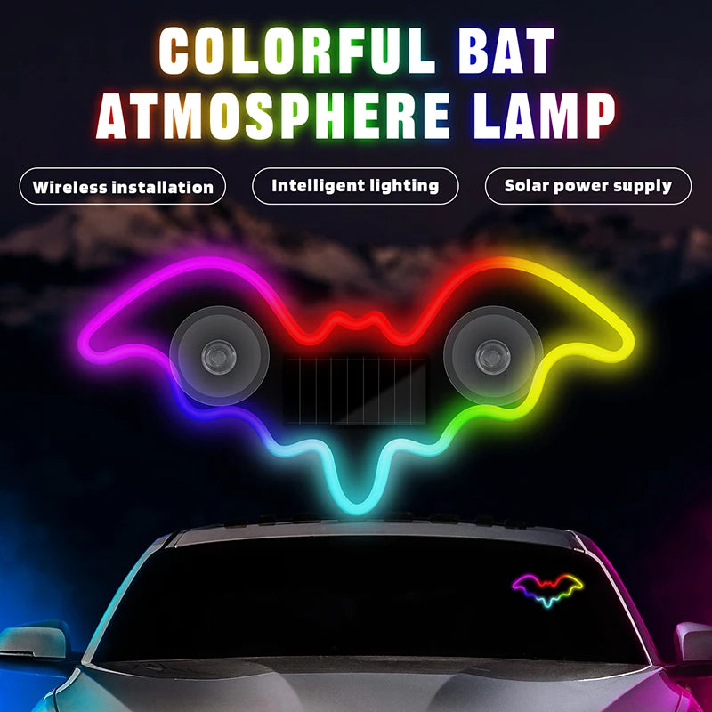 Luz Atmosférica Solar Universal em Forma de Morcego, LED Dinâmico com Gradiente, Acessório de Decoração para Interior de Carro RGB