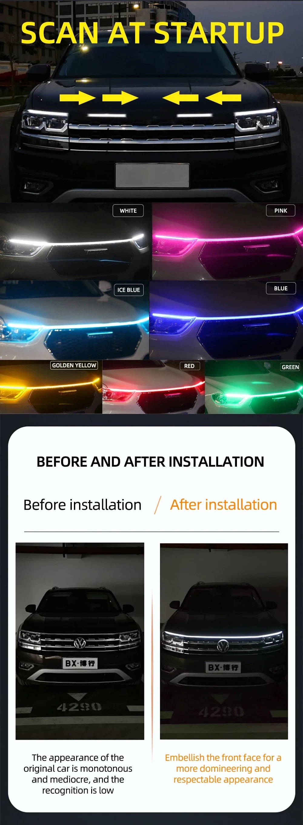 LED  Car Daytime Running Light DRL With Turn Signal Lamp Car Hood Decorative Light Strip With Start Scan Meteor Dynamic 12V New