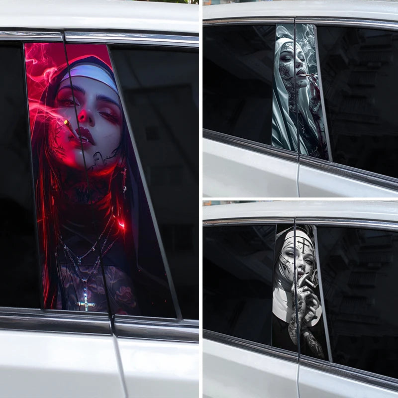 2 pçs freira irmãs decalque do carro carro b-pilar adesivo fumar freira estilo decalque do carro diy porta do carro post vinil decalque legal freira decalque