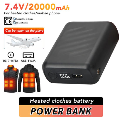 7.4v/3a/20000mah power bank carregador portátil powerbank bateria externa do telefone móvel carregamento rápido para colete aquecido jaqueta calças