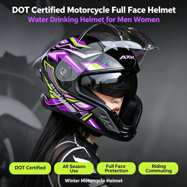 Capacete de Motocicleta Integral Certificado DOT para Todas as Estações com Design para Beber Água, Masculino e Feminino, para Pilotagem de Inverno