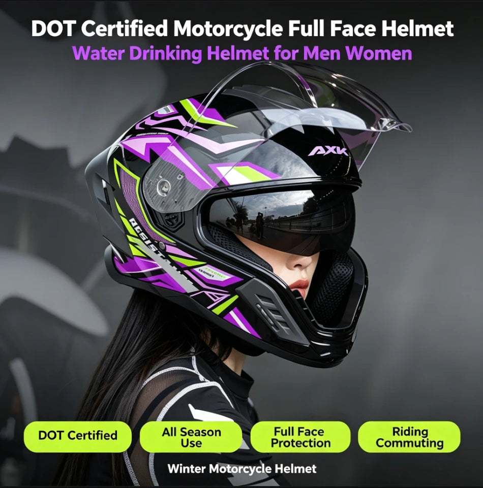 Capacete de Motocicleta Integral Certificado DOT para Todas as Estações com Design para Beber Água, Masculino e Feminino, para Pilotagem de Inverno