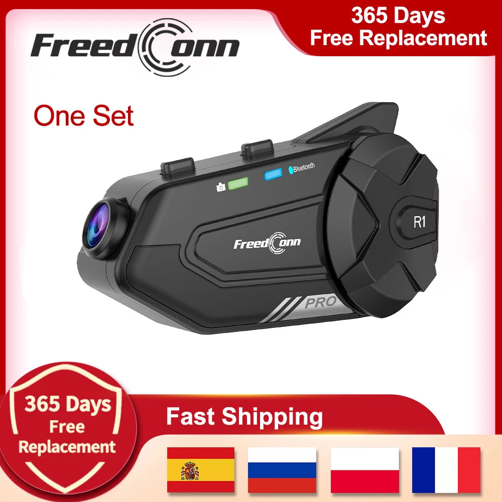 Motocicleta interfone capacete fone de ouvido bluetooth grupo alto-falante fone wi fi app freedconn r1pro moto traço cam moto auto dvr
