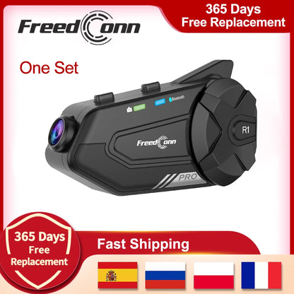 Motocicleta interfone capacete fone de ouvido bluetooth grupo alto-falante fone wi fi app freedconn r1pro moto traço cam moto auto dvr